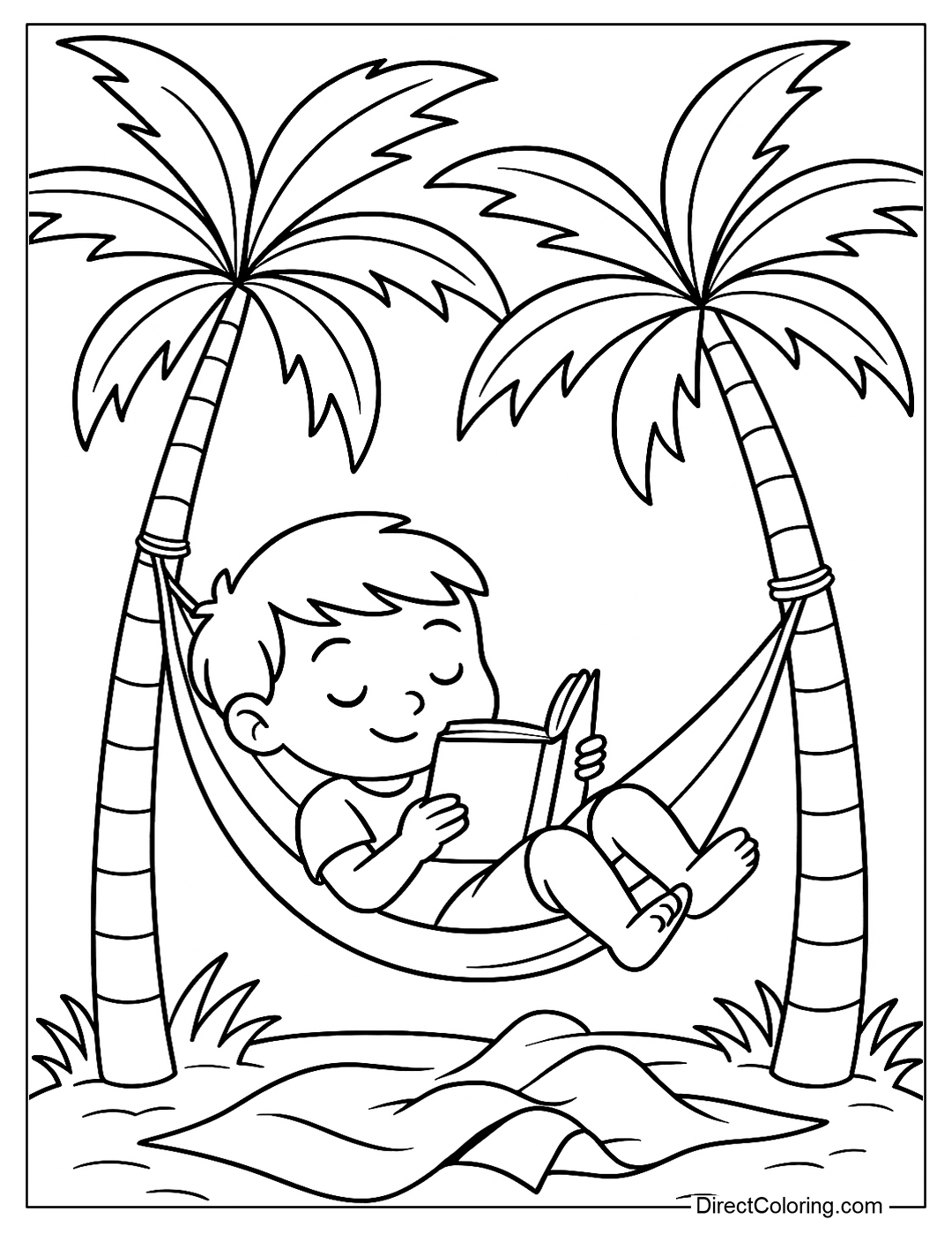 Coloring page of a little friend reading a book while lying in a hammock between two coconut trees.